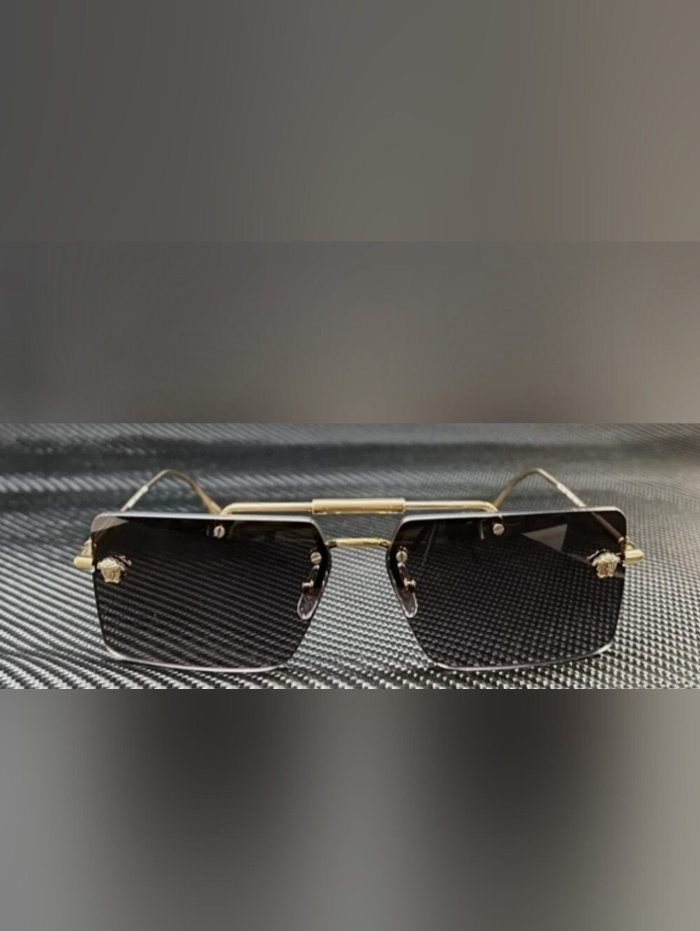 Versace Gold Frame Black Lens Rimless Sunglasses for Women